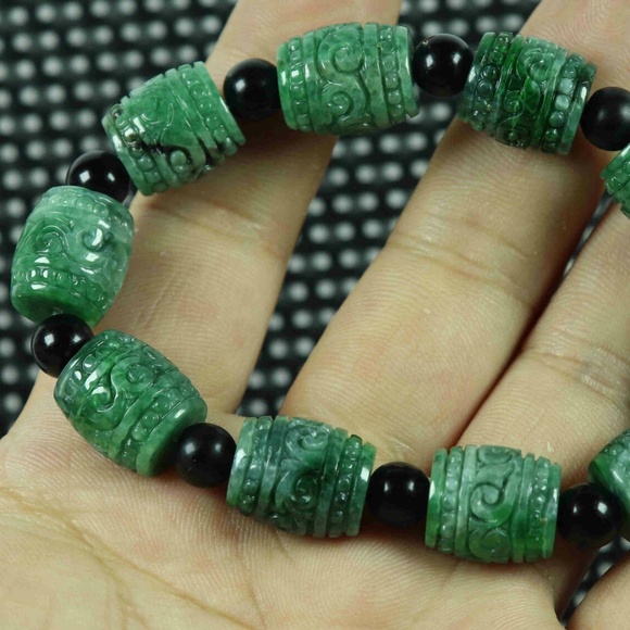 Dry Green Natural A Jade Jadeite Ancient pattern Bead Bracelet 路路通 - Picture 3 of 6